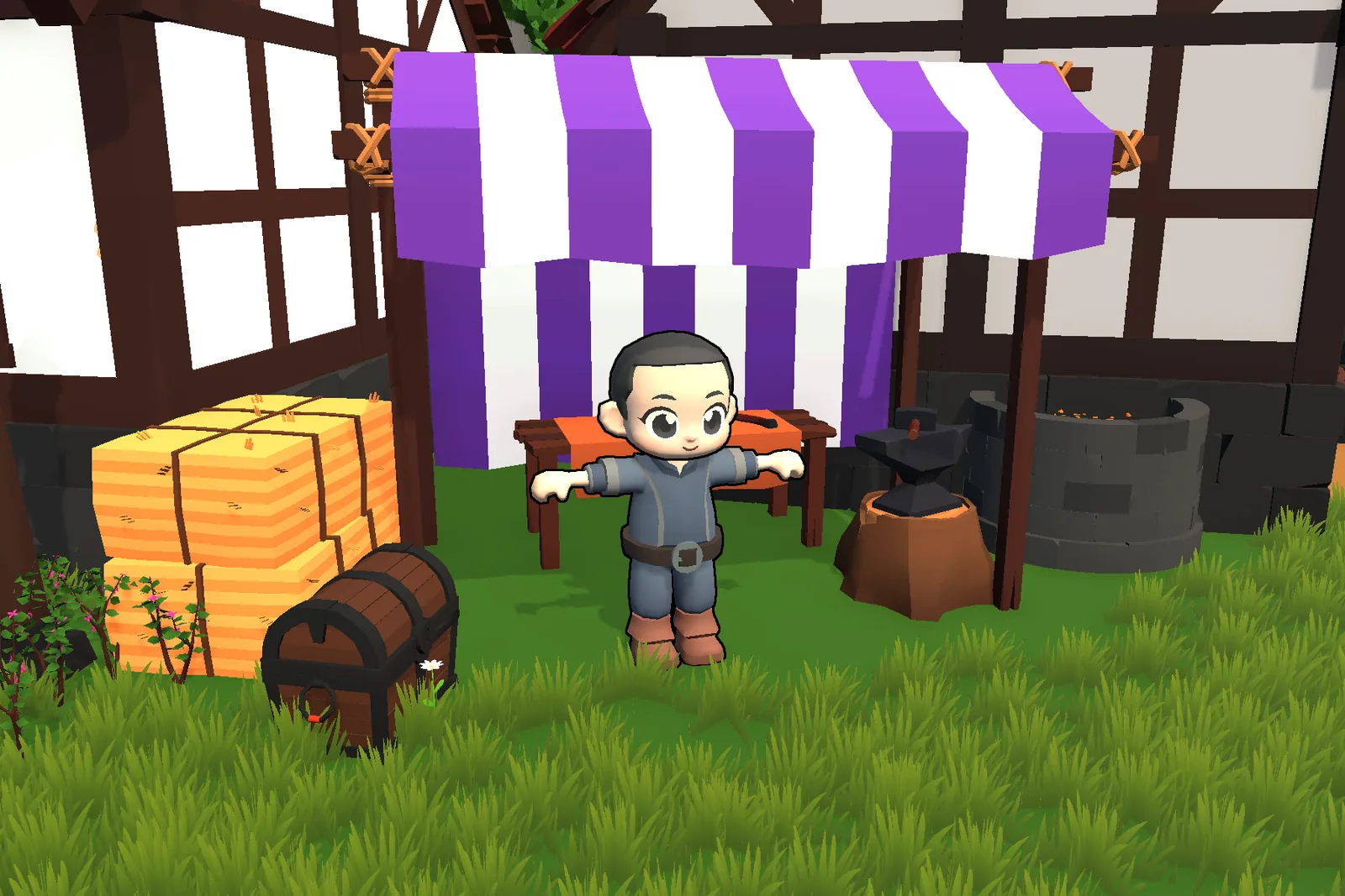 A villager at the blacksmith's stall, beside an anvil, hay bales and a wooden chest.