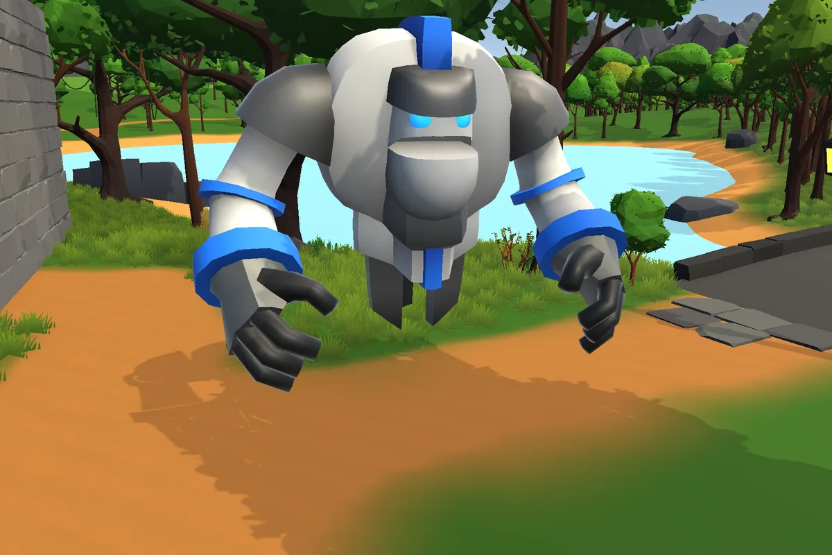 A stone golem with glowing blue eyes guarding the river path outside the village.