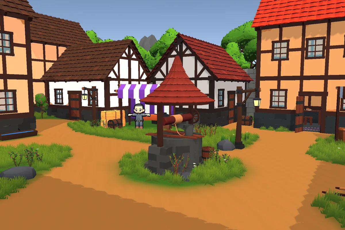 The village square: a stone well with a red roof, timber houses and market stalls around it.